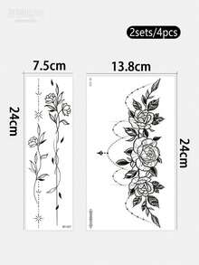 4pcs/2pcs/1pc Y2K Large Spine & Floral Temporary Tattoo Stickers, Waist & Abdomen Fake Tattoos, Waterproof Sweat-Proof Realistic Back Tattoos, Floral Spine Line Tattoo Stickers For Women, Matte Texture, Summer Bikini Style Floral Waist Spine Back Temporary Tattoos, Exquisite Dotted Plant Long Strip Waterproof Realistic Tattoo Stickers, Suitable For Vacation Beach Christmas & Music Festival - Black - View 13