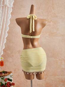 Set Bikini 3 Potong Wanita Warna Kuning Murni dengan Leher Halter, Rok Berpotongan Rumbai Motif Bintang Laut dan Cangkang dengan Tali Serut, Kain Bertekstur, Cocok untuk Liburan Pantai dan Perjalanan Musim Panas - Kuning muda - View 10