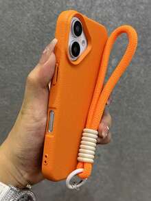 Luxury Solid Color Faux Leather Phone Case Compatible With IPhone 17 Pro Max 17 Pro 17 16 Pro Max 16 Pro 16 15 Pro Max 15 Pro 14 Pro Max 14 Pro 13 Pro Max Full Coverage Protective Back Cover Bring A Short Rope - Orange - View 2