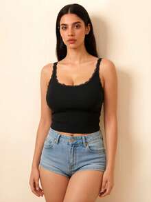 2Pcs Designer Niche Versatile U-Neck Button Backless Tank Top, Slim Fit Breathable Women's Outerwear Innerwear Fashion Sexy Pure Desire Style Lace Trim Casual Solid Color With Padded Chest Short Cropped Sports Tank - Multicolor - View 7