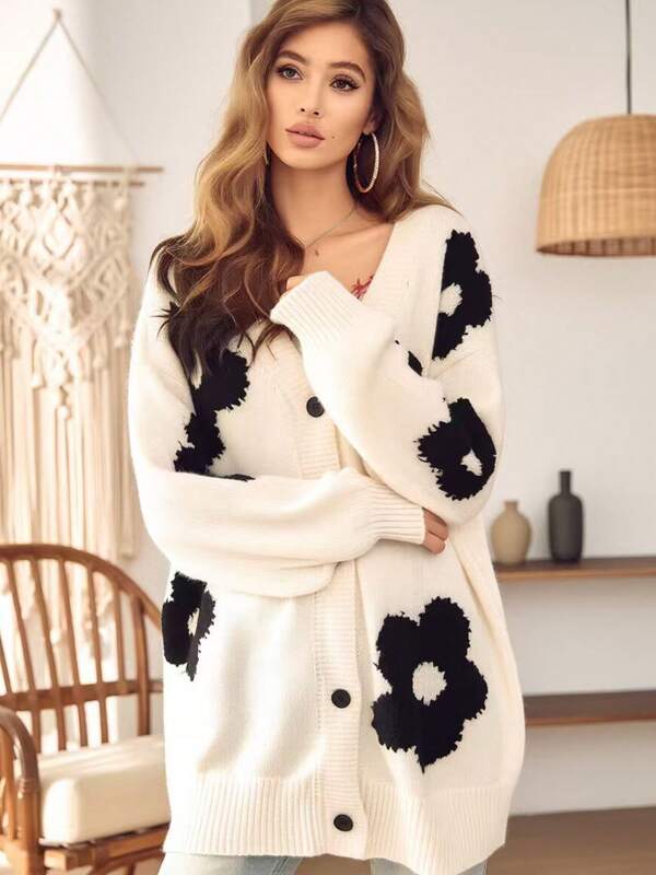 Plus Size Floral Jacquard Cardigan, V-Neck Button-Up Knit Sweater With Black Flower Pattern For Fall Winter Holiday Outfit