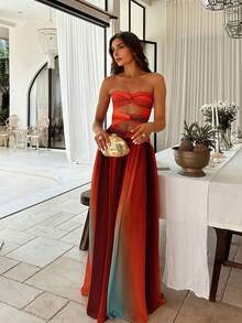 Gradient Hollow Out Bandeau Flowy Elegant Women's Maxi Dress, Suitable For Beach Vacation And Evening Party Wedding Fall - Orange - View 1