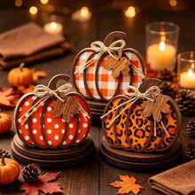 1/3pcs 3D Layered Wooden Pumpkin Desktop Decor, Buffalo Plaid Polka Dot Leopard Print Wooden Pumpkin Ornament With Jute Bow And Maple Leaf Tag, Autumn Layered Tray Decoration, Thanksgiving Farmhouse Style Dining Table Centerpiece Indoor Desktop Decor - Autumn Decor - View 8