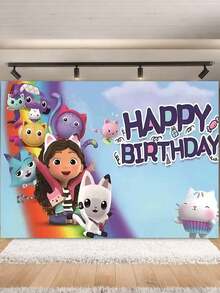 MASSDI Gabby Dollhouse 生日快樂 Gabby Cat 主題攝影背景布，多色卡通角色圖案派對背景布，防皺輕量橫幅，適合生日拍照、室內慶祝場景裝飾 - 多款 - 查看 2
