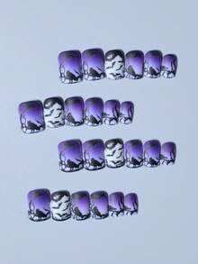 24pcs Short Square Crow Bat Dead Tree Branch Gradient Press-On Nails, Halloween Gothic Style Festival Nail Art - Multicolor - View 4
