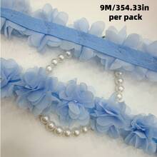 1m/39.37in 3D雪紡蕾絲花手工裝飾，適用於鞋子、帽子和衣物DIY，服飾配件、泳裝裝飾配件 - 天藍色 - 查看 10