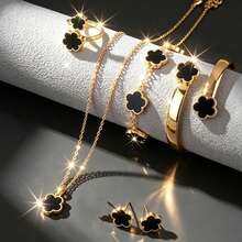 6Pcs Classic Lucky Flower Women's Necklace Pendant + Earrings + Ring + Bracelet + Bangle Set, Minimalist Elegant Design, Birthday Wedding New Year Valentine's Day Celebration Festival Fashion Women's Jewelry Set, Five-Leaf Clover Five-Petal Design, 6-Piece Set - Multicolor - View 2