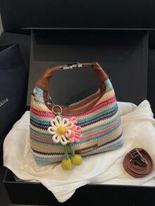 Colorful Striped Women's Handbag, Fashionable Straw Woven Handbag With Flower Pendant, Versatile Shoulder Bag And Crossbody Bag - Multicolor - View 9