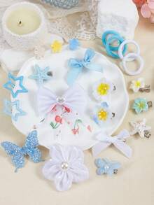 132pcs Blue And White Fresh Style Girls Hair Accessories Set, Including Bow/Flower/Butterfly/Starfish Hair Clips, Star Snap Clips, Mini Claw Clips, Solid Color Towel Scrunchies, Suitable For Daily, Party, Travel Use - Multicolor - View 9