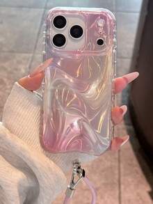 Premium Wavy Light Pink Leather Wrist Strap Compatible With 14 Pro Max Apple 16 Phone Case Full Edge Protection Women's 17 Anti-Drop Protective Cover 16 Pro Max Personalized 15 Niche - Pink - View 4