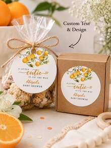 Personalized Round Baby Baptism Stickers, Customized Name Gift Labels, Orange Floral Party Tags, Cute Gift Wrapping Decor - Multicolor - View 1