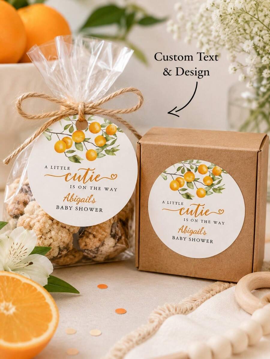 Personalized Round Baby Baptism Stickers, Customized Name Gift Labels, Orange Floral Party Tags, Cute Gift Wrapping Decor - Multicolor - View 1