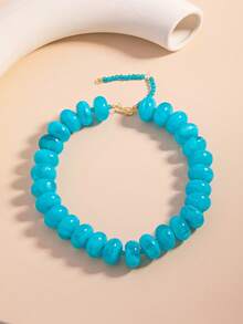 1pc Dopamine Blue Abacus Bead Necklace, Acrylic Beaded Vacation Versatile Candy Color Necklace - Blue - View 2