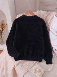 Sweater Rajut Pullover Bulu Imitasi Motif Kucing Lucu untuk Anak Perempuan, Cocok untuk Pakaian Kasual Sehari-hari di Musim Semi, Gugur, dan Dingin. - Hitam - View 6