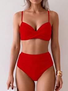Summer Solid Color Elegant Bohemian Double Strap Sweet Style Two Pieces Bikini Swimwear Beach Vacation Set Red - Red - View 4