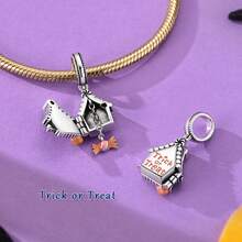 1pc Silver-Plated Halloween Theme DIY Beaded Accessory, Pumpkin, Haunted House, Coffin, Skull, Ghost Multiple Pendant Styles, Vintage Distressed Enamel Craft, Compatible With Snake Chain Bracelet And Necklace Assembly, Holiday Atmosphere Handmade Accessory Parts - Multicolor - View 8