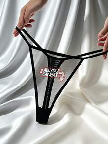 Bragas tipo tanga con estampado de encaje y dibujos animados, transpirables para mujer para salir - Negro - Ver 7