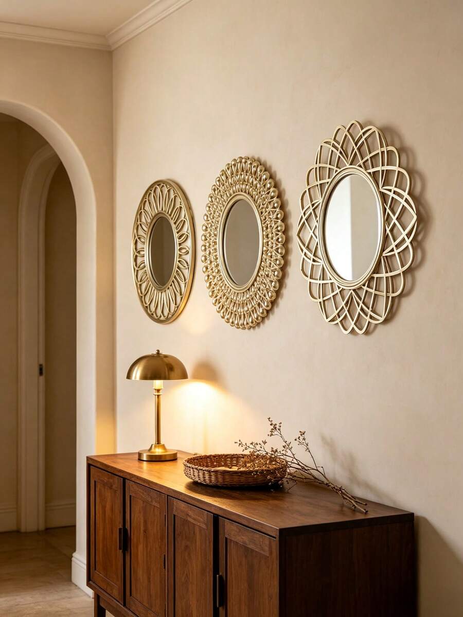 Geometric Hollow Square/Round Decorative Mirror Set, 3 Pieces In Different Styles, Single Size 25cm, Retro Art Wall Hanging Mirrors, Suitable For Wall Soft Decoration In Entryway, Living Room And Bedroom. - Mirror Set - View 1