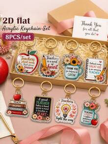 2D Flat Style, [2D Flat] 8/4/1pc Inspirational Teacher Appreciation Acrylic Keychain, Colorful Floral Quote Bag Charm, Gift For Educators, 2D Flat Style - Multicolor - View 4