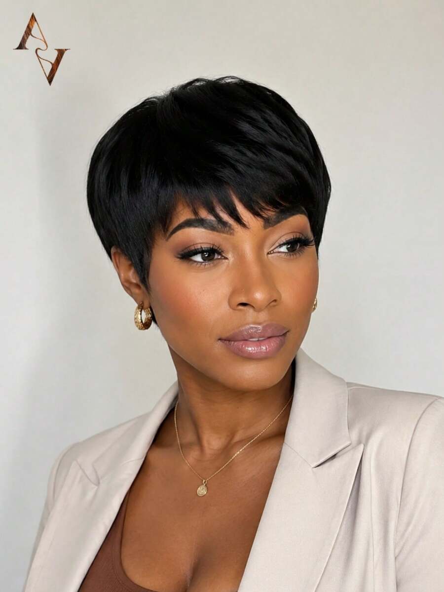 ARABELLA 6 Inch Silky Straight Short Wig With Bangs Natural Color 100% Human Hair Wigs Machine-Made Glueless Virgin Human Hair Curly Wig Bangs Wig Natural Looking Beginner Friendly - SNatural - View 1