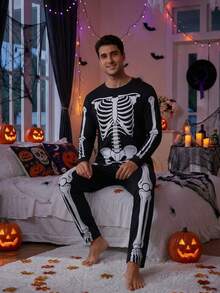 Men's Pajama Set Black Skeleton Rib Print Long Sleeve Top + Skull Leg Pattern Pajama Pants, Suitable For Halloween, Holiday Parties And Other Occasions Home Wear 2-Piece Set - Black - View 3