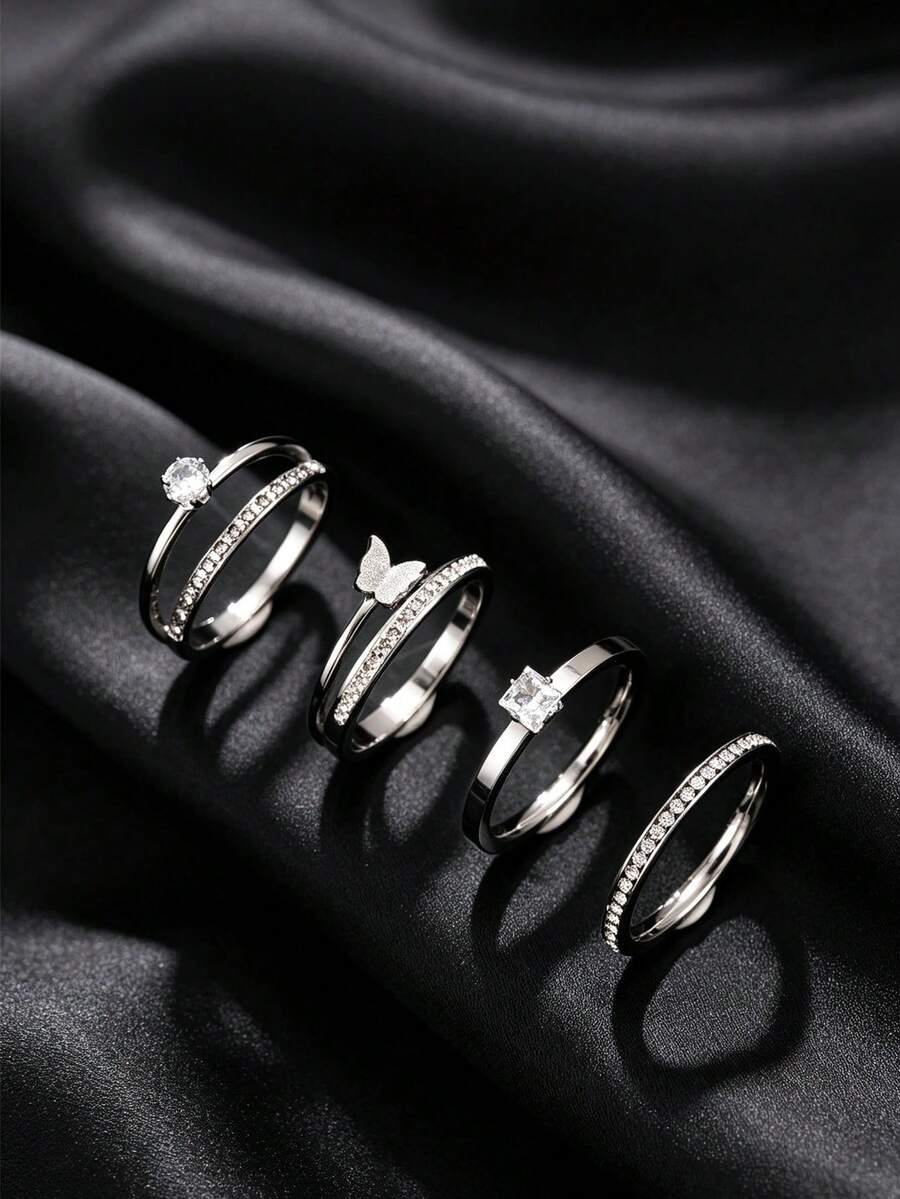 4pcs Fashion Stainless Steel Silver Thin Ring Set With Square Rhinestone & Butterfly Element, Suitable For Men & Women Daily Wear, Holiday & Date Accessories - Silver - View 1
