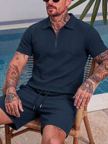 男士华夫格 Polo 衫 + 短裤两件套，休闲日常穿着，夏季 - 藏蓝色 - 查看 3