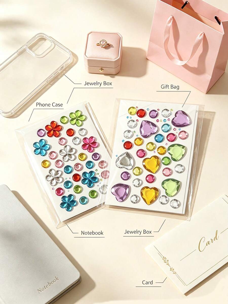 1/3/5/10 Pcs Self‑Adhesive Rhinestone Gem Stickers, Multishape Glossy Colorful Acrylic Crystal Decals, Heart Flower Round Diamond Ornament, DIY Decor Accessory For Journal, Phone Case, Scrapbooking, Card‑Making Handcraft Supplies - One Size - View 1