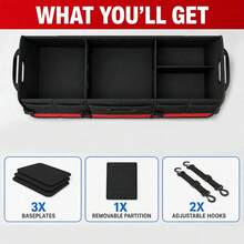 Black And Red Car Trunk Organizer, Heavy-Duty Foldable 95-Liter Capacity, Car Trunk Storage Bag With 4 Compartments And Adjustable Shoulder Straps, Perfect For Travel, Camping, Shopping, And Is Ideal For SUVs, Trucks, Cars, SUVs, And Minivans. - 黑與白 - 查看 4