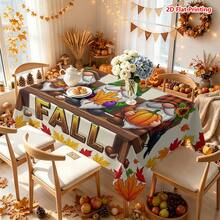 1/2pcs Autumn Tablecloth, Autumn Harvest Theme Tablecloth, Polyester Material, Three Little Gnomes Wearing Hats Sitting On A Bench Holding Pumpkin, Maple Leaf, Sunflower, Black Bird, Pine Cone Decor, Kitchen, Dining Room, Coffee Table, Dining Table, Picnic, Camping, Country Farmhouse Decoration, Thanksgiving Autumn Holiday Tabletop Protection Decor - Multicolor - View 6