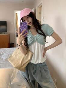 韓式層次感短版單鈕扣短袖針織背心 夏款 - 淺藍色 - 查看 4