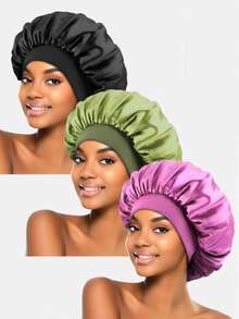 1/3pcs Women's Multi-Color Satin Wide Brim Sleep Cap, Suitable For Daily Use - Multicolor - View 5