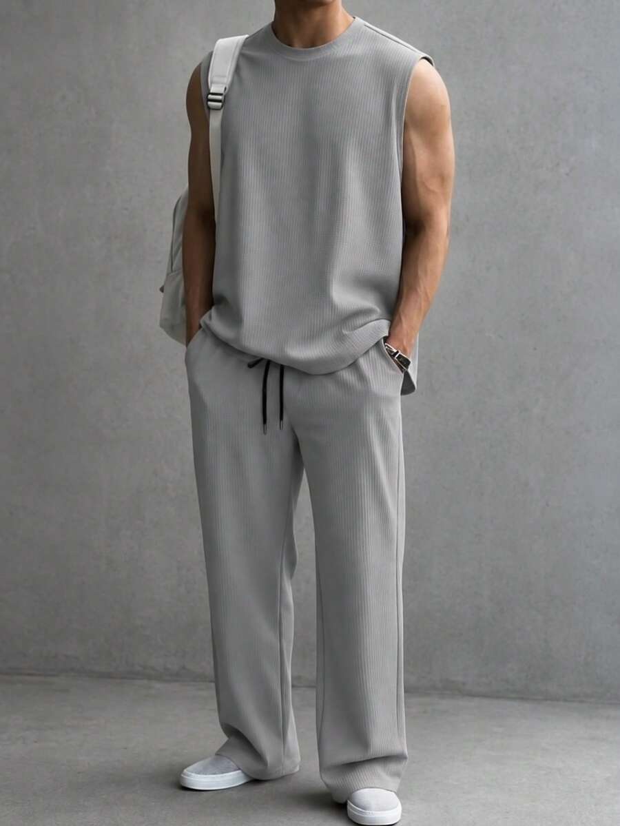 Men's Casual Fashion Minimalist Versatile Daily Loose Tank Top & Long Pants Set - Grey - View 1