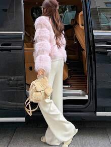 White Rhinestone Embellished Knit Wide Leg Pants, High Waist, Autumn/Winter New Style, Slouchy Chic, Draped, Slimming, Versatile Straight Leg Pants For Women - White - View 7