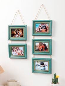 1pc Rustic Distressed Teal Wooden Hanging Collage Photo Frame Set, Rope Chain Connected Multi-Hole Wall Hanging Photo Frame, Vintage Gold Frame, Suitable For Family And Couple Photos, Bedroom Living Room Gallery Wall Home Decor - Green - View 6