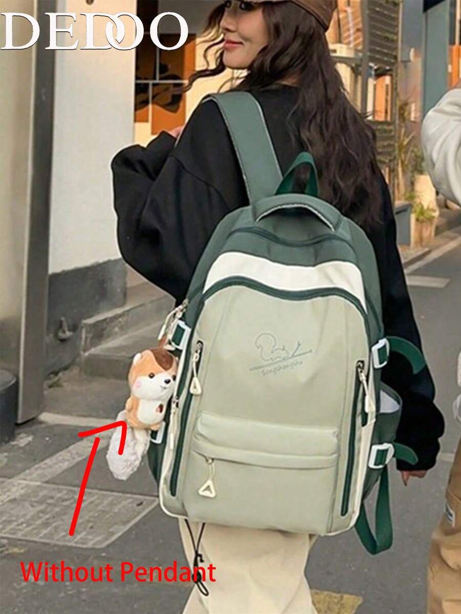Dedoo 女孩灰色素色松鼠印花露營後背包,無吊飾,適合中學生,返校用品,綠色,大容量 - 綠色 - 查看 1