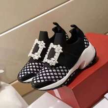 New RV Sneakers, Casual Platform Shoes, Elevated Mesh Creepers With Square Buckle, European And American Style Design - 黑花經典水鑽扣 - 查看 1
