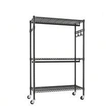 Rolling Garment Rack, Heavy-Duty Clothes Rack With Wheels, 3-Tier Adjustable Wire Shelf With 2 Hanging Rods And Side Hooks, Portable Closet Organizer, Black - Black - View 6