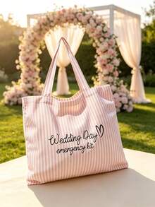 1/2件組條紋托特包與化妝包，印有「Wedding Day」文字，適合度假、通勤、購物，送給家人與朋友的禮物 - 彩色 - 查看 5
