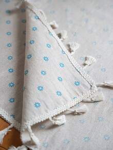 Bubaba Taplak Meja Katun Poliester Motif Bunga Boho dengan Rumbai, Penutup Meja Motif Bunga Daisy Biru Muda untuk Meja Bundar/Persegi, Taplak Meja Dekoratif Gaya Rumah Pertanian untuk Dapur dan Ruang Makan - Krem - View 4