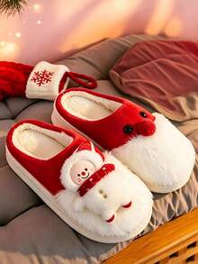 Cute Christmas Plush Thermal Slippers, Closed-Toe Comfortable Warm Non-Slip Indoor/Outdoor Thermal Slippers, Suitable For Autumn/Winter - Red - View 3