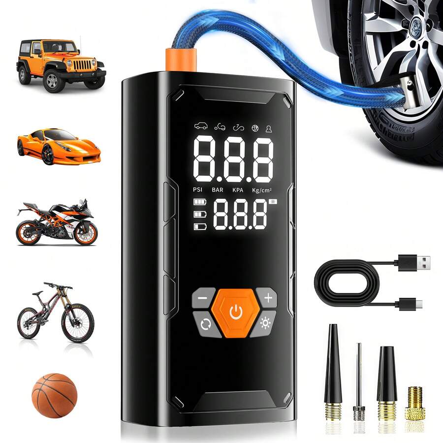1 PC Car Tire Inflator Portable Air Compressor, 3X Faster 150 PSI Automatic Air Pump, Rechargeable Design, Auto Stop, Pressure Gauge Display, LED Light, Car Accessories For Motorcycle, Bike, Ball