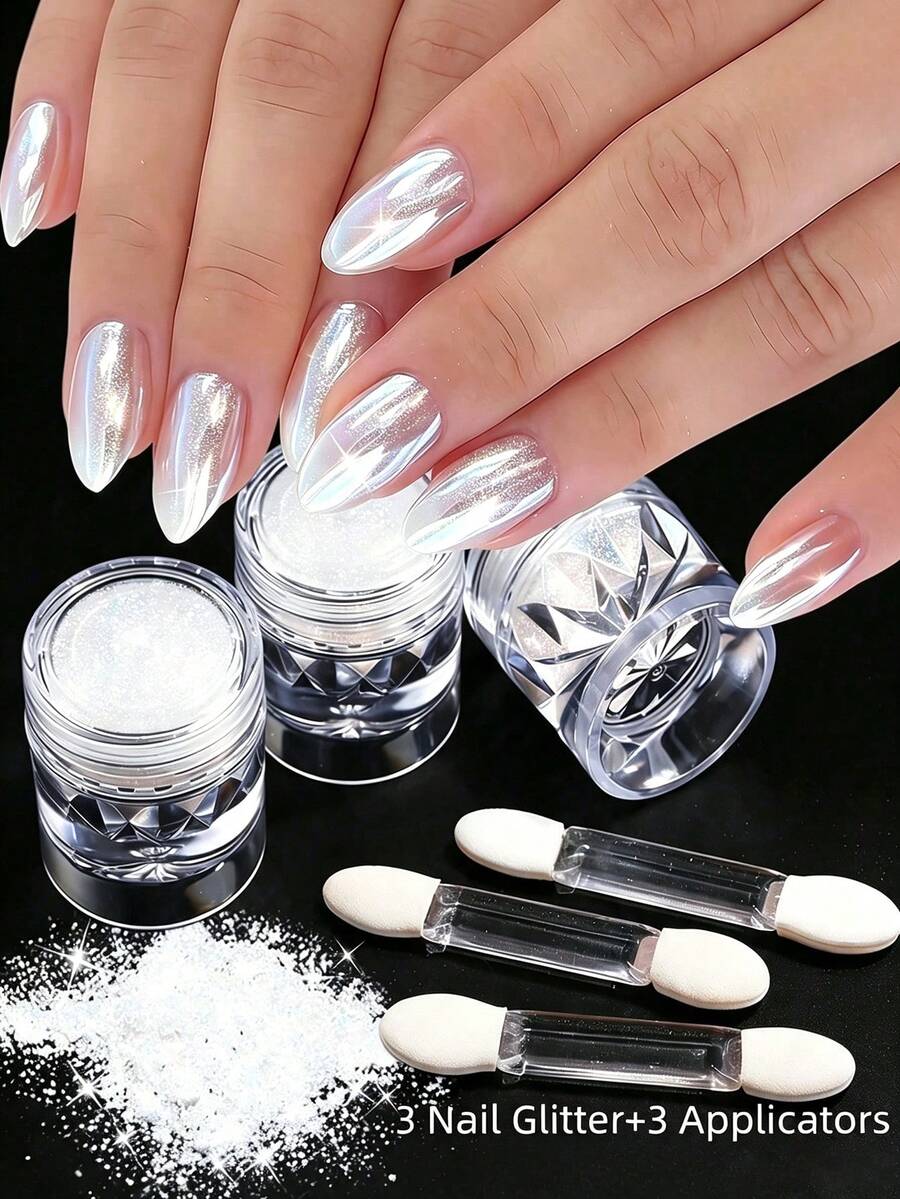 3 Boxes Ice Crystal Aurora Nail Powder Set With 3 Applicators - Multicolor - View 1