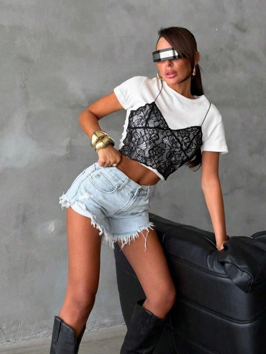 SQUALO Women's High Waist Gray Summer Distressed Denim Shorts With Frayed Hem - Blue - View 1