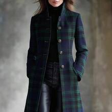 Ladies' Autumn And Winter Scottish Plaid Stand Up Collar Long Coat, Retro Single Breasted Slim Casual Jacket KORTNEY12 - Green - View 5