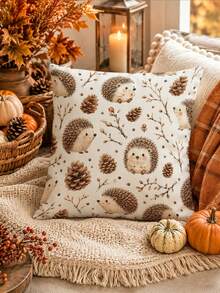 Cute Cartoon Hedgehog Pine Cone Dry Branch Print Table Runner, Throw Pillow, Placemat, Autumn Harvest Theme Table Decor, Thanksgiving Autumn Home Dining Table Fabric, Family Gathering Kitchen Restaurant Tabletop Decoration - Multicolor - View 8