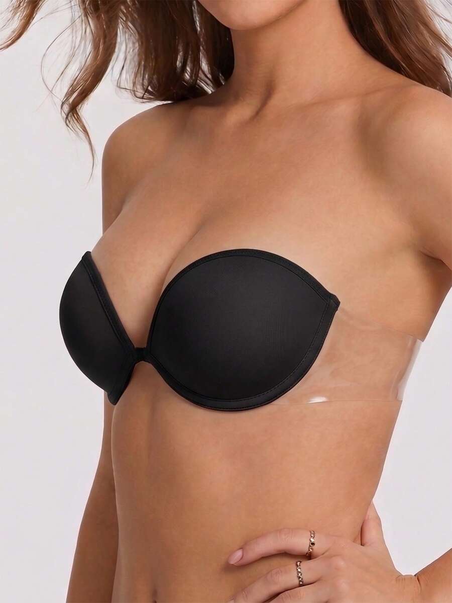 Solid Color Strapless Bandeau Bra, BC Cup, Lift & Enhance Backless Invisible Bra - Black - View 1