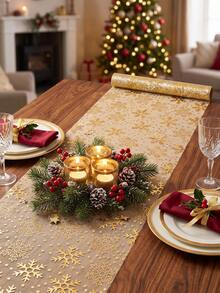 1pc Christmas Golden Foil Table Runner With Snowflake Pattern, 28*500cm Christmas Shiny Rectangular Mesh Tablecloth, Table Cover, Merry Christmas Decoration, Xmas Decor, Christmas Table Decor, Holiday Party Supplies, Winter Home Decor, Kitchen Decor - Snowflake - View 5