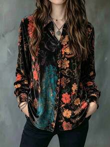 YI XUAN Plus Size Women's Vintage Shirt, Long Sleeve Top, Machine Washable, Suitable For Spring And Autumn, Daily Wear, Vintage Casual Style For Vacation And Autumn - Multicolor - View 2