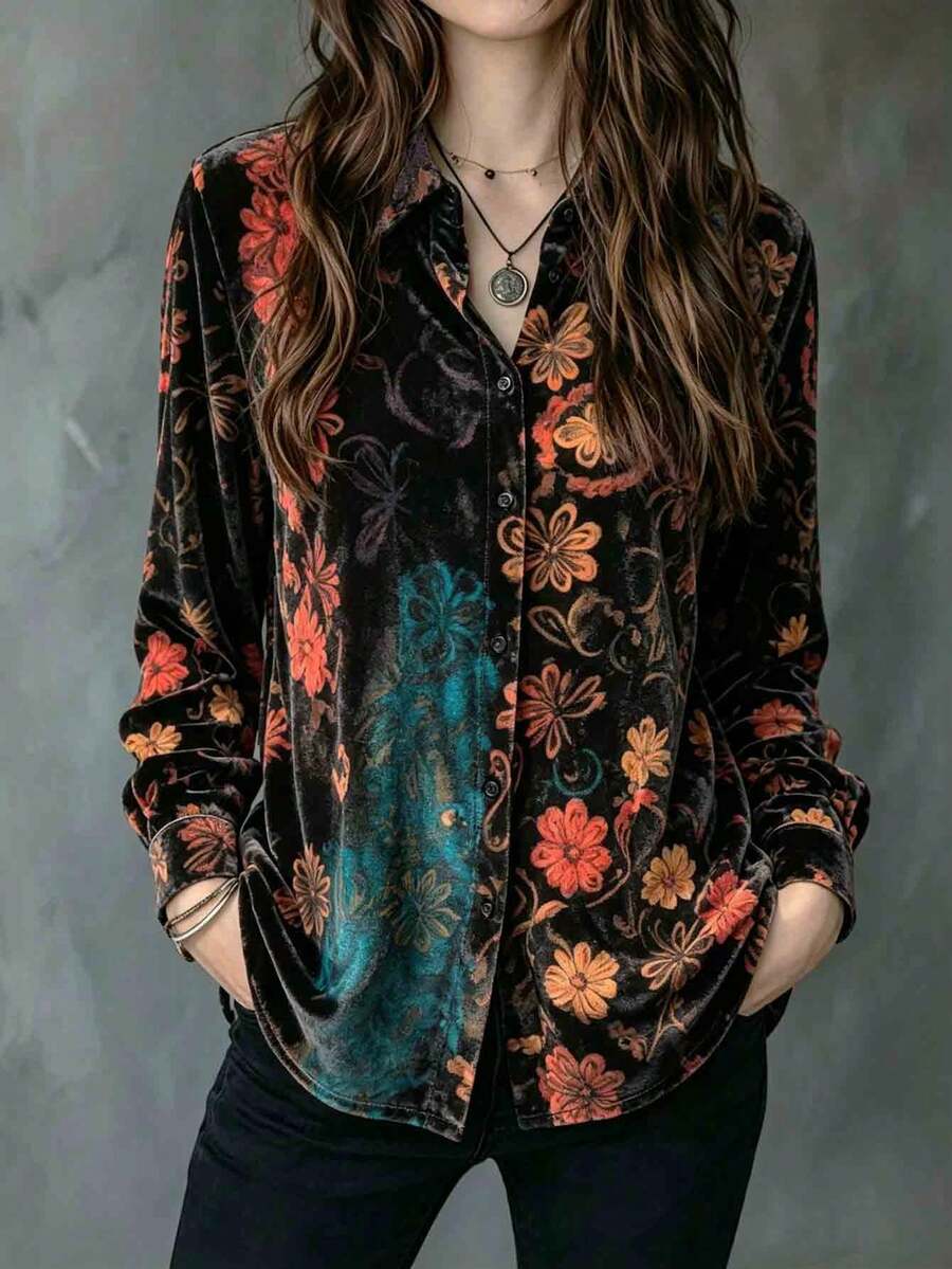 YI XUAN Plus Size Women's Vintage Shirt, Long Sleeve Top, Machine Washable, Suitable For Spring And Autumn, Daily Wear, Vintage Casual Style For Vacation And Autumn